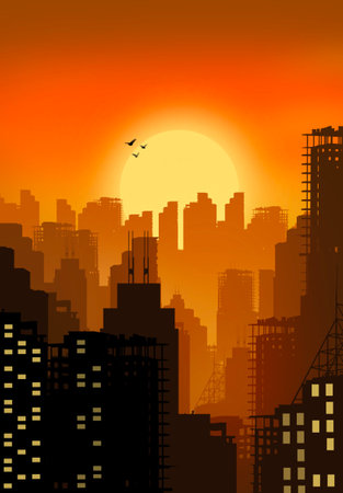 Cityscape at sunset with silhouettes of buildings. Vector illustration.のイラスト素材