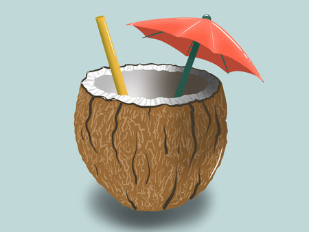 Coconut cocktail with straw and umbrella in coconut shell. Vector illustration.のイラスト素材