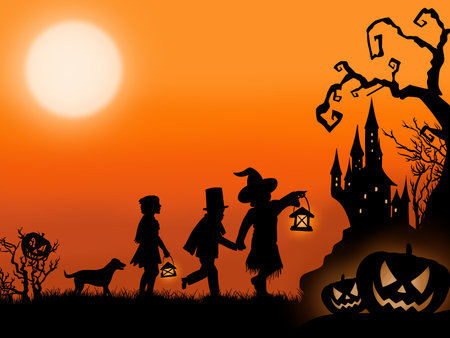 Halloween background with silhouettes of witches, pumpkins and castleのイラスト素材
