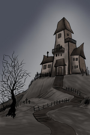 Illustration of a haunted castle on a hill with a tree in the backgroundのイラスト素材