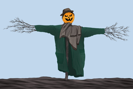 Halloween scarecrow with a broom in his hand. Vector illustration.のイラスト素材