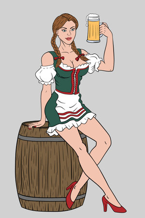 Illustration of a woman in a traditional Bavarian dress drinking beerのイラスト素材