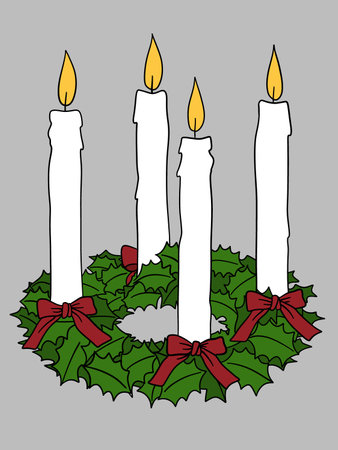 Christmas wreath with three candles and red bows. Vector illustration.のイラスト素材