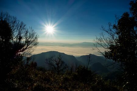 mountain scenery morning mist at doi ang khang, chiang mai, thailandの写真素材