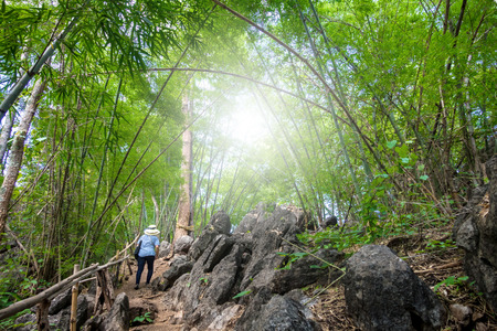 Middle-aged woman walking in nature trail