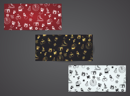 Set of 3 seamless patterns new year theme. Red, black, white back with white, gold, black patternsのイラスト素材