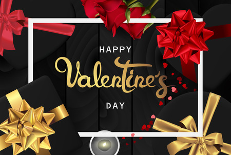 Happy valentines day banner. Background design of lighting candle,realistic roses with gifts box, ribbon. Black style. Flat lay, top view. Valentines day poster, greeting cards, headers, websiteのイラスト素材