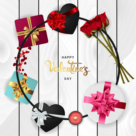 Happy valentines day banner. Background design of lighting candle,realistic roses with gifts box, ribbon. Realistic wood texture. White style. Flat lay, top view. Valentines day poster, greeting cards, headers, websiteのイラスト素材