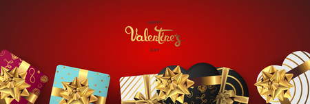 Happy valentines day banner. Background design of lighting candle,realistic roses with gifts box, ribbon. Red style. Flat lay, top view. Valentines day poster, greeting cards, headers, websiteのイラスト素材
