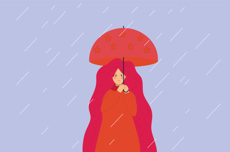 Four women from different nationalities united and standing. Group of females in solidarity. Women's rights, gender equality banner greeting card. Business woman empowerment movement concept. Vector.のイラスト素材