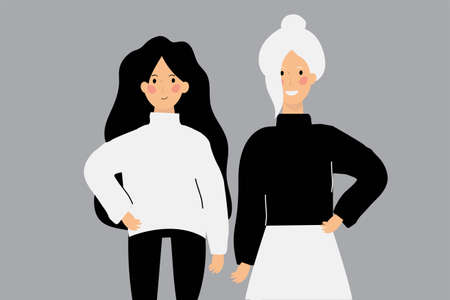 Four women from different nationalities united and standing. Group of females in solidarity. Women's rights, gender equality banner greeting card. Business woman empowerment movement concept. Vector.のイラスト素材