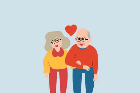 Flat design character of elderly married couple. cute husband and wife love and hold hands to each other. medical care of mature people concept. Insurance of old people and assistance.のイラスト素材