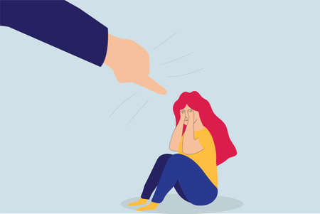 Flat design guilty woman character. Feeling pain and closes her face with hands from fingers pointed at her. Person with mental disorder issues. bullying on females vector.のイラスト素材