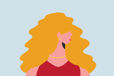 Strong blond woman portrait. Fashionable character with side view. Confident European American business lady with red dress and wavy orange hair. Confident women concept. Vector illustrationのイラスト素材