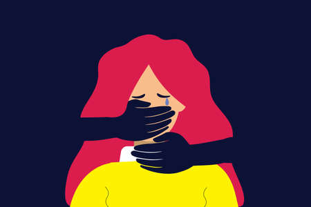 Girl cries and gets harassed by people. Stop bullying women concept. Depressed or stressed young female character surrounded by hands. Suffocated woman that needs help.のイラスト素材