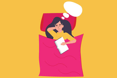 Sleeping woman character at night in her bed while dreaming. Speech bubble for dreamer girl. Tired female falling asleep while reading her book. Importance of reading concept. Vector illustration.のイラスト素材