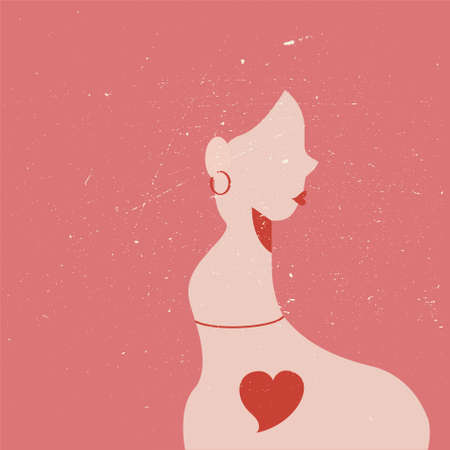 Woman character with long pink hair and red lipstick in side view. Girl with love in heart. Fashion silhouette female for saint valentine's day in 14 February. Love greeting card concept.のイラスト素材