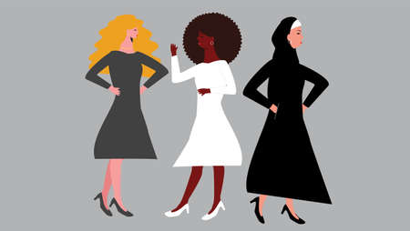 Colorful Flat strong females in different nationalities and various cultures together. Girls union and solidarity. Women friendship and sisterhood. Women's empowerment concept. Vector illustration.のイラスト素材
