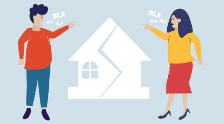 Furious parents and shout loud at home. Divorce husband and wife and verbal abuse consequences or impacts. Man and woman couple breakup and argue. Domestic violence concept. Flat vector illustration.のイラスト素材