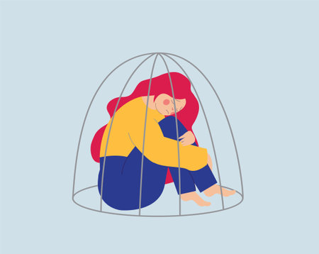 Young woman or girl locked inside a cage. Prisoner girl suffers from Inequality and restriction of ability in society. Women's empowerment movement. Freedom and mental health. Flat vector illustrationのイラスト素材