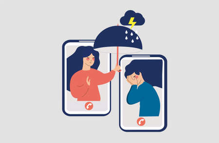 Flat Girl comforts her unhappy best friend over the phone. Female consoles, takes care of women with mental problems. Supporting people with depression or stress online. Psychological issues concept.のイラスト素材