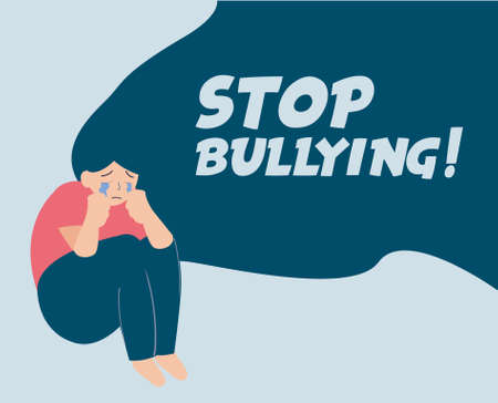 Girl crying because of anxiety or panic attack. Stop bullying women card. Depressed young female flat character. Abuse children concept. children with mental disorder problem. Vector illustration.のイラスト素材