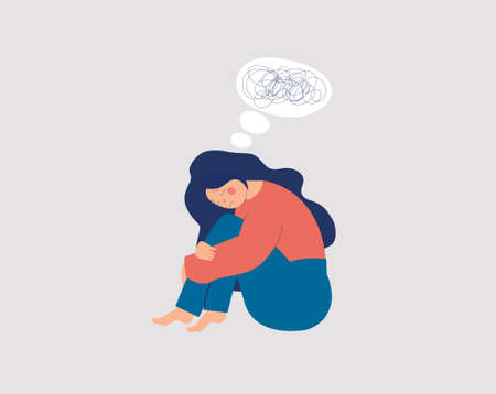 Sad character girl sitting and hugging her knees. Young woman suffer from dementia or loss memory. Amnesia depression concept. Struggling against mental disorder or Alzheimer. Vector illustration.のイラスト素材