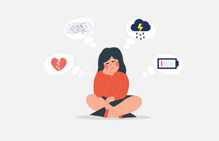 Female character sitting and thinking sadly. Adolescent girl with mental illness symptoms. Woman having anxiety, broken heart, stress and depression. Concept of negative emotions and feelings. Vector.のイラスト素材