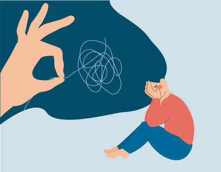 Girl suffering from mental problem, sadness or fatigue needs help. Psychology support women with depression stress heart broken. Hand unravel the negative thoughts. Addiction treatment concept. Vectorのイラスト素材