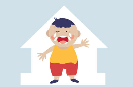 Flat baby character crying at home. Boy upset needs his parents. Divorce effects on children. Angry infant screaming. children. Bad negative parenting and mental health concept. Vector illustration.のイラスト素材