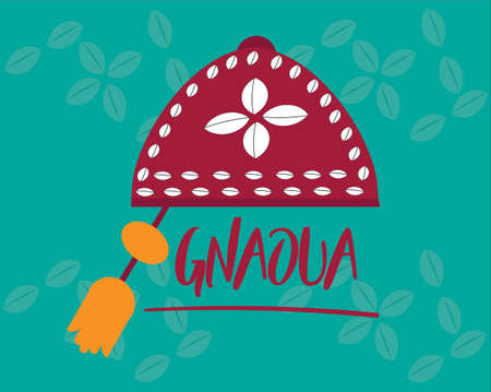 Flat gnaoua hat for Moroccan music. Gnaoui card for Festival of Morocco. Spiritual soul fusion and jazz music style background for Essaouira event. Illustration vector.のイラスト素材