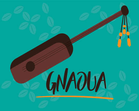 Flat banjo or hajhouj instrument for Moroccan music. Gnaoua card for Festival of Morocco. Spiritual soul fusion and jazz music style background for Essaouira event. Vector Illustration.のイラスト素材