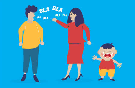 Flat couple of parents fight, shout loud in front of their child. Scared baby boy crying. Divorced husband and wife having a stubborn talk together. Separation process and consequences concept. vectorのイラスト素材