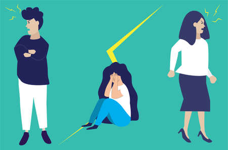 Parents argue and shout loud in front of children. Separation between husband and wife and verbal abuse consequences or impacts. Scared daughter crying and covering her face. Flat vector illustration.のイラスト素材