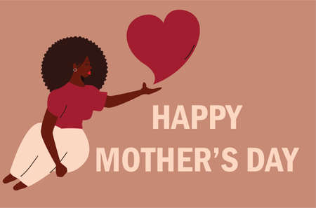 Happy international mother's day card greeting invitation. Flat female character of an African American latino woman sitting with a red heart. Women's empowerment movement and equality concept.のイラスト素材