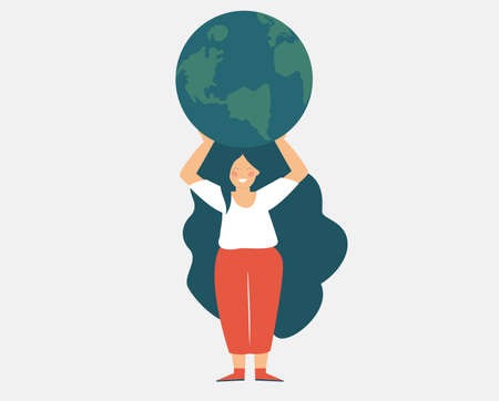 Young woman character embraces and holds the green planet. Flat girl cares the earth. Illustration of Earth day and energy saving planet card. Nature and environment protection concept. Vector style.のイラスト素材