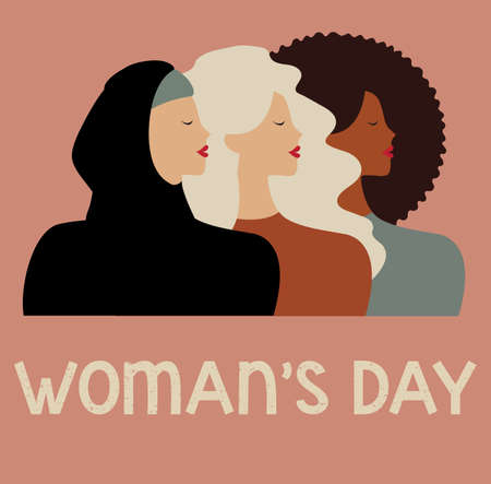 Happy International women day portrait from various nationalities. Background of confident females. woman equality, solidarity greeting card. Women's empowerment movement concept. Vector illustration.のイラスト素材