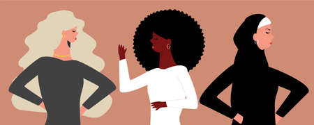 Three confident females from different nationalities standing. Group of women represent sisterhood and friendship. women's rights, gender equality and solidarity. Woman empowerment movement concept.のイラスト素材
