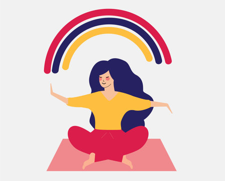 Happy flat female sits in yoga crossed-legged position and open her arms to the colorful rainbow. woman with positive vibes enjoys her freedom and happiness of life. A positive minded girl. Vector.のイラスト素材