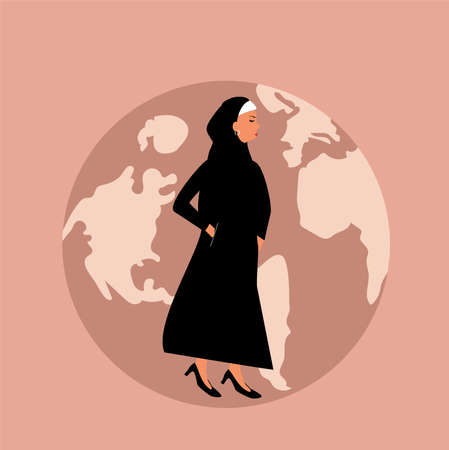 Feminist Arab middle east woman standing on the world globe and looks confident. Activist female around the world. Woman's empowerment movement, environment conservation or save the earth day concept.のイラスト素材