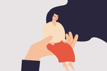 Flat character pregnant female sits on a doctor's hand during a check-up. Medical care in hospital, maternity for a woman. Gynecologist, psychological, Prenatal medical concept. Vector illustration.のイラスト素材
