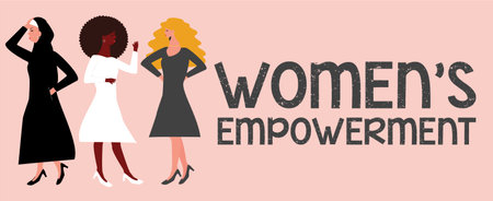 Flat character of women from different backgrounds. three females standing and having a conversation. Mother's day poster. we can do it, gender equality, women's empowerment movement concept. Vector.のイラスト素材