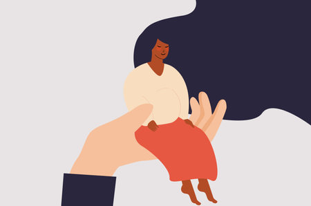 Pregnant black woman sits on a doctor's hand during a check-up in hospital. Medical consultation for a pregnant needs help and support. Gynecologist, Prenatal medical concept. Vector illustration.のイラスト素材