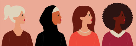 Four women from different nationalities united and standing. Group of females in solidarity. Women's rights, gender equality banner greeting card. Business woman empowerment movement concept. Vector.のイラスト素材