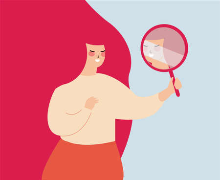 Flat woman looks to herself with pride. female sees her happiness reflection in the mirror. Flat design style of a girl with self confidence. Women empowerment self esteem and fashion concept. Vector.のイラスト素材