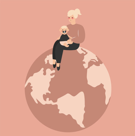 American or European mom sits on the world globe and holds her baby boy. Happy mother's day greeting card. Woman's empowerment movement, energy saving or save the earth day poster concept. Vector.のイラスト素材