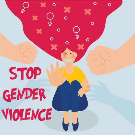 Character girl getting abused verbally and physically. Stop bullying women banner. Depressed young woman victim of bullying and criticism background. Stop domestic gender violence concept. Vectorのイラスト素材