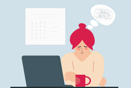Professional worker sitting in front of her computer and feeling upset. Young woman addicted to internet and have a headache. Mental health problems, anxiety, depression, work stress, freedom concept.のイラスト素材