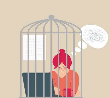 Professional woman sitting in front of her computer and feeling tired. Young businesswoman female addicted to internet inside a cage. Mental health issue, anxiety, depression, stress, freedom conceptのイラスト素材