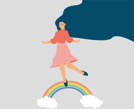 Happy female spreads positive vibe while walking on the rainbow with balance. Woman character smiles and enjoys her freedom. Body and mental health, Psychological care, inner peace concept. Vector.のイラスト素材